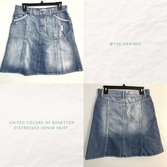 United Colors Of Benetton Distressed Flared Denim Skirt US/8 - Picture 1 of 9